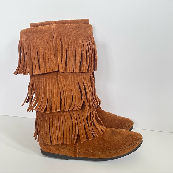 Minnetonka Fringe Suede Boots Moccasin Tall 3 Layer Festival Brown Women’s 8 - Picture 3 of 7